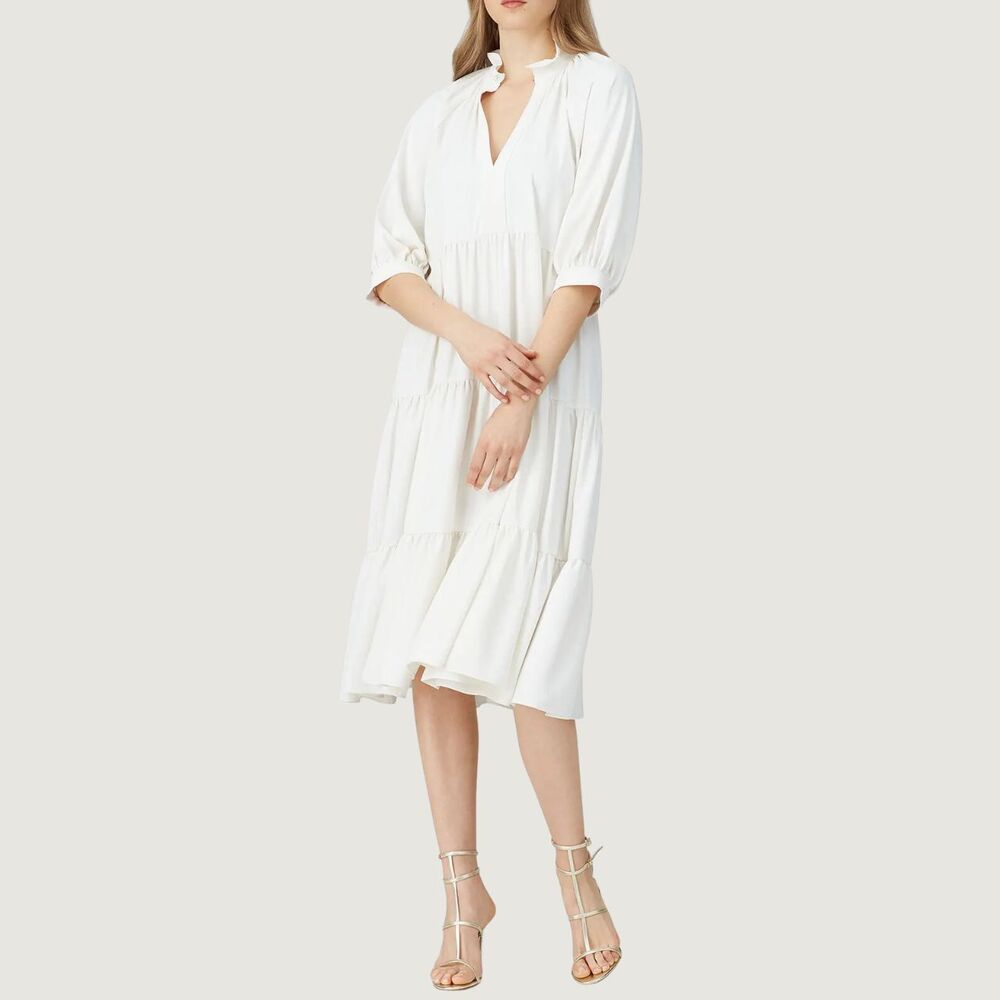 Amanda Uprichard Womens Dress White Saffron Midi V Neck Tiered A Line Flowy XS